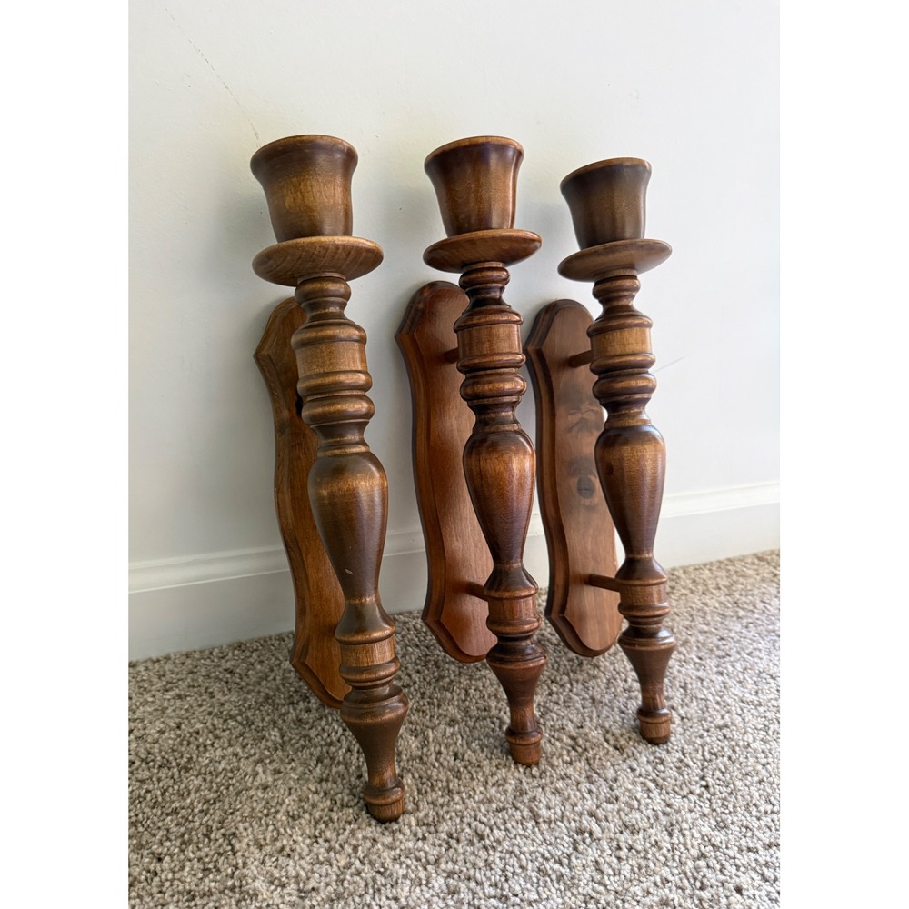 Vintage Set of 3 Wood Spindle Wall Sconces Taper Candle Holders Brown Farmhouse